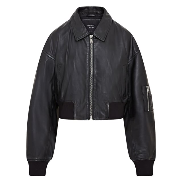 Elevate your style with this effortlessly cool, black cropped leather bomber jacket. Designed for a relaxed, oversized boyfriend look, this piece is crafted from soft sheep nappa leather, featuring expertly aged seams and pockets for a vintage appeal. A robust YKK zipper leads to a classic shirt-style collar, while the rib-knit hem and cuffs ensure a snug fit and warmth. With two waist pockets and a zipped sleeve pocket, plus a luxurious satin lining with a leather-trimmed interior pocket, this jacket blends functionality with edgy sophistication. Soft, aged sheep nappa leather, Oversized fit, Chunky YKK zipper, Rib-knit hem and cuffs, Satin-lined with leather-trimmed interior pocket