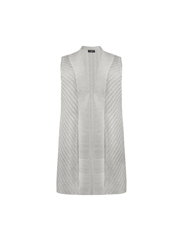 In stylish grey, this sleeveless cardigan is knitted from a soft, fine knit and has a flattering longline shape. With a shawl collar and softly draping front, its the perfect piece to layer over a T-shirt or blouse as the weather grows chillier.