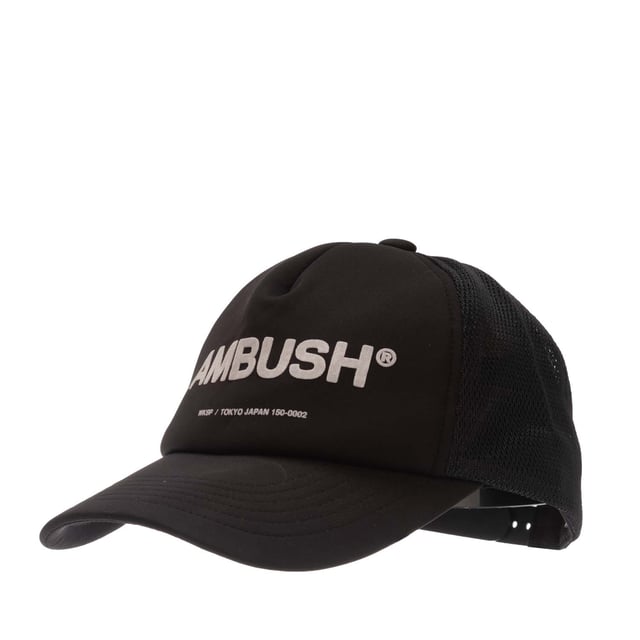 Mens Ambush Classic Logo Cap in black - white.- Trucker cap.- Curved brim.- Stretch technical fabric to front.- Mesh rear panels.- Adjustable back strap.- Ambush logo printed to front.- One size.- Fabric 1: 91% Polyester  9% Polyurethane.  Fabric 2: 100% Polyamide.  Lining: 100% Cotton.  Hand wash.- Ref: BMLB0030011003
