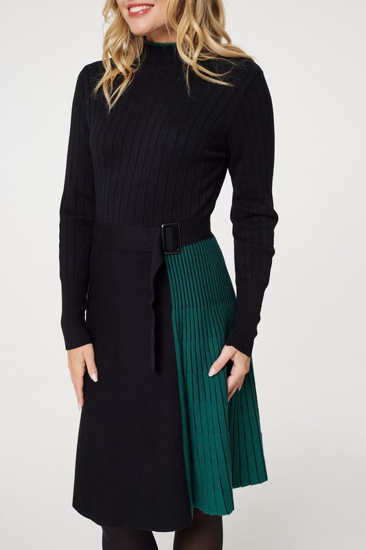 Add a figure flattering knit dress to your closet with this colour block knit dress. With a high round neck, long sleeves, a pleated mid skirt and a belt. Pair with tights and loafers for a chic daytime office outfit or elevate with heels for a smart dinner.