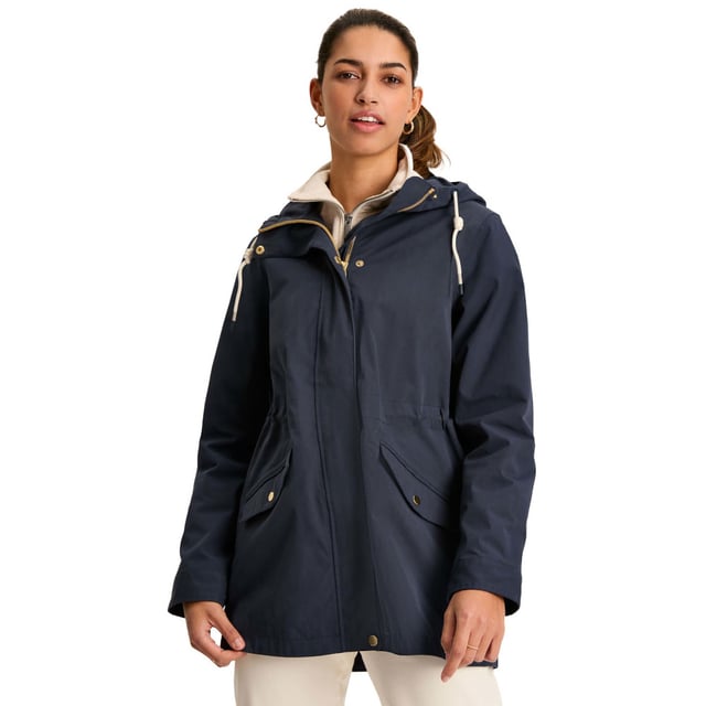 A practical and stylish addition to our Right as Rain collection, the Portwell raincoat is a true wet-weather essential. To ensure you will stay dry in any downpour, it's waterproof with fully taped seams. Other weather-beating details include an adjustable hood with storm peak and a stom flap to the back which allows droplets to roll away from the back of the coat. An adjustable waist with internal toggles allows you to cinch the coat in for a flattering fit, while a concealed zip and popper fastening creates a clean, sleek finish. It's completed with front pockets with popper fastenings, adjustable cuffs and a half-body lining.