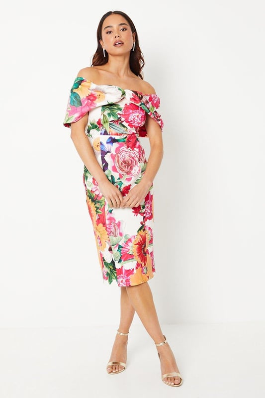 Petite Bardot Scuba Midi Dress In Floral Print