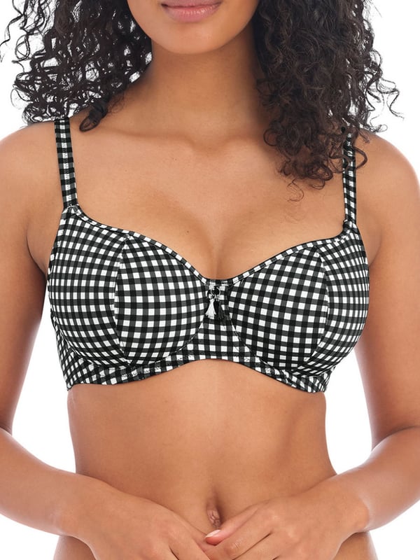 Freya Check In Sweetheart Bikini Top in Monochrome. With light padding, tassel detail and adjustable straps. Product is made of 84% Nylon/Polyamide, 16% Elastane and is hand-wash only.