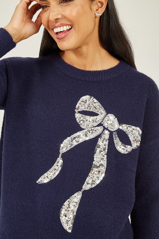 Navy Sequin Bow Knitted Jumper