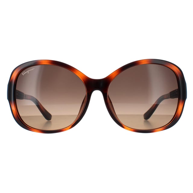 Las gafas de sol Salvatore Ferragamo Butterfly para mujeres en color carey marrón degradado SF744SLA son de estilo mariposa y están elaboradas en acetato ligero. Los brazos anchos y las curvas femeninas garantizan un aspecto elegante. El logo de Salvatore Ferragamo aparece en el interior de las patillas para asegurar la autenticidad de la marca.