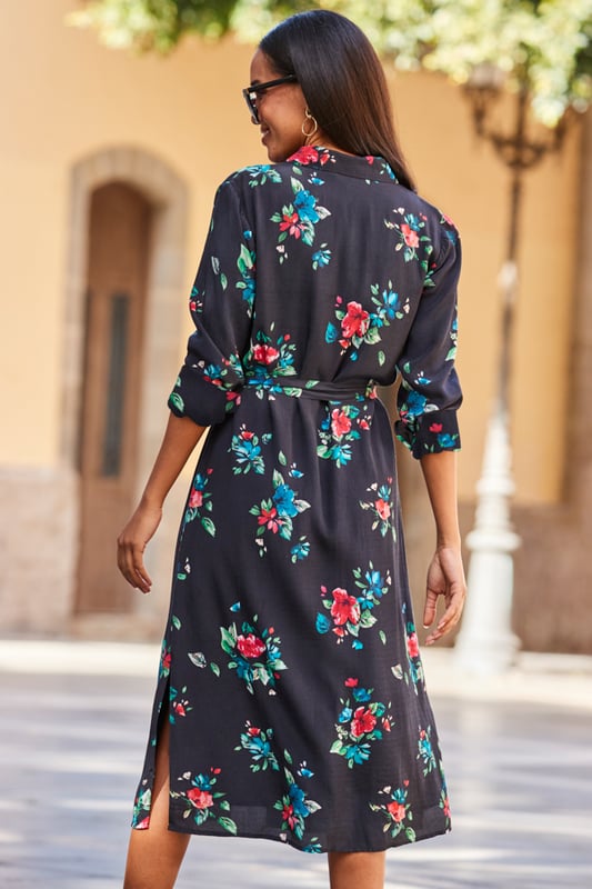 Black floral midi shirt hot sale dress