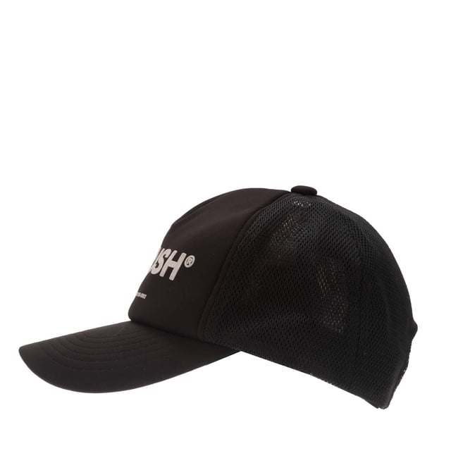 Mens Ambush Classic Logo Cap in black - white.- Trucker cap.- Curved brim.- Stretch technical fabric to front.- Mesh rear panels.- Adjustable back strap.- Ambush logo printed to front.- One size.- Fabric 1: 91% Polyester  9% Polyurethane.  Fabric 2: 100% Polyamide.  Lining: 100% Cotton.  Hand wash.- Ref: BMLB0030011003