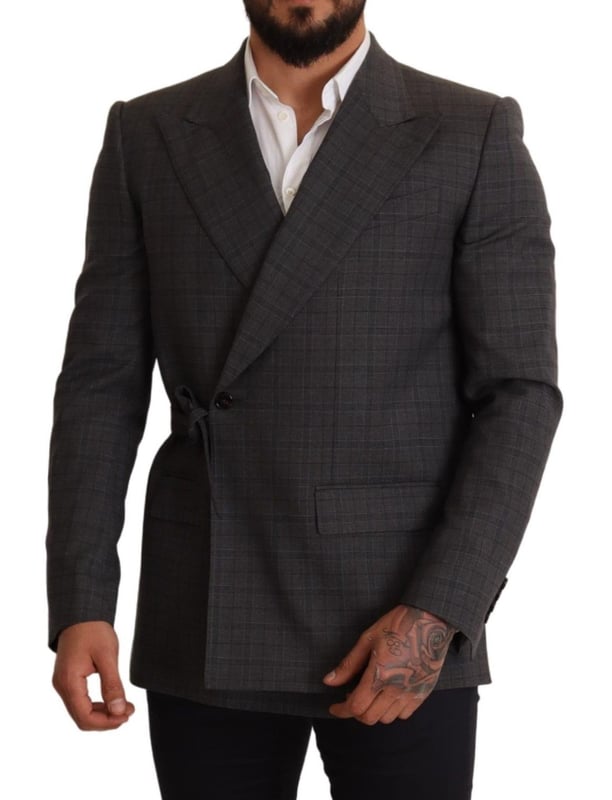 Brand: Dolce & Gabbana
  Model: MARTINI
  Style: Double breasted one button
  Fitting: Slim fit
  Color: Gray check
  Three outside pockets and two inside pockets
  One open vent in the back
  Logo details
  Made in Italy
  Material: 99% Wool 1% Elastane
  Lining: 100% Silk
Material: 99% Wool 1% Elastane