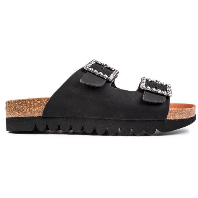 Da lo mejor de ti a la moda con la sandalia para mujer V.GAN Raspberry. Las sandalias planas negras de la marca aprobada por PETA cuentan con funcionales hebillas dobles con diamantes y una cómoda plantilla moldeada.