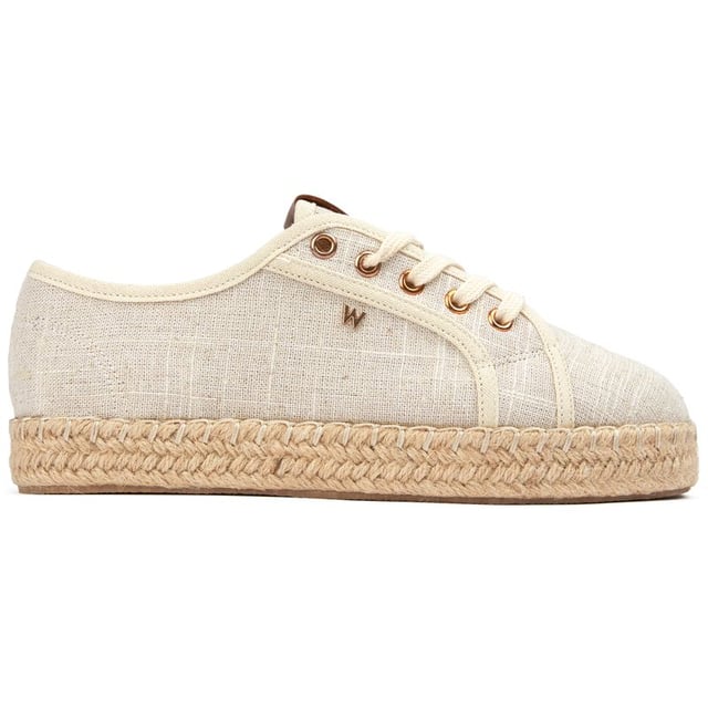Womens natural Wrangler jane shoes, manufactured with textile and a rubber & rope sole. Featuring: gold hardware, wrangler branding, rope edge sole and branded insole.