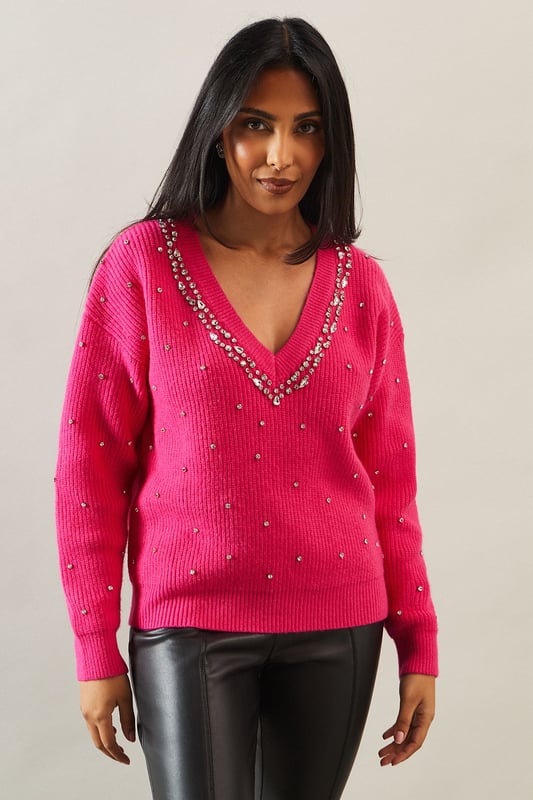 Petite Embellished Neck Trim V Neck Jumper