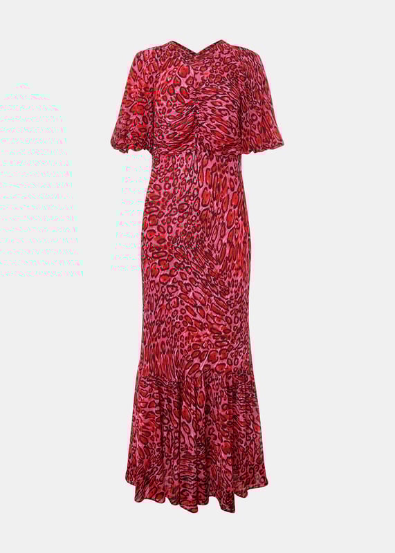 Designed in a vivid shade of pink with a statement leopard print and voluminous sleeves, this dress is sure to make a statement. Add boots and a leather jacket for the ultimate sleek finish come autumn.