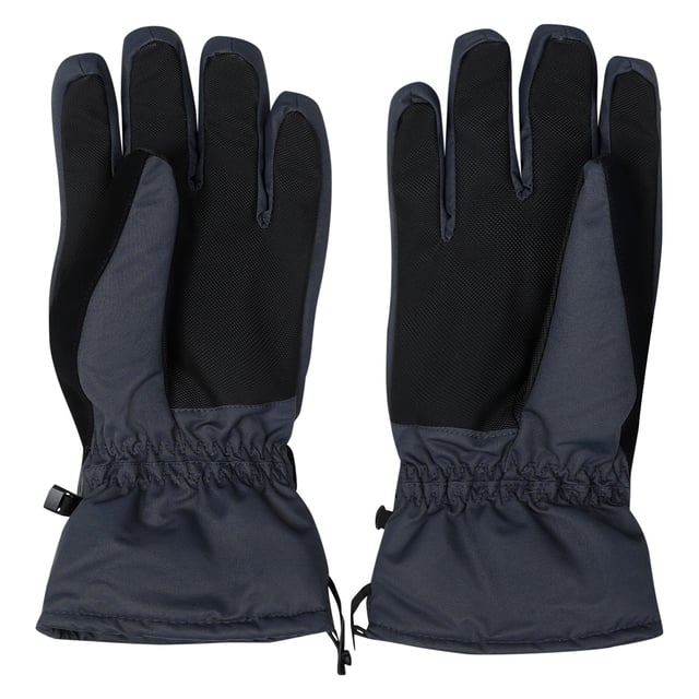 Polyester fabric with waterproof and breathable Ared 5000 insert. Water repellent finish. High loft polyester insulation. Warm scrim lining. Synthetic nubuck thumb. Textured gripped palm & thumb. Elasticated wrist. Adjustable cuffs. Shockcord and toggle lower wrist adjustment. Secure clip attachment.
