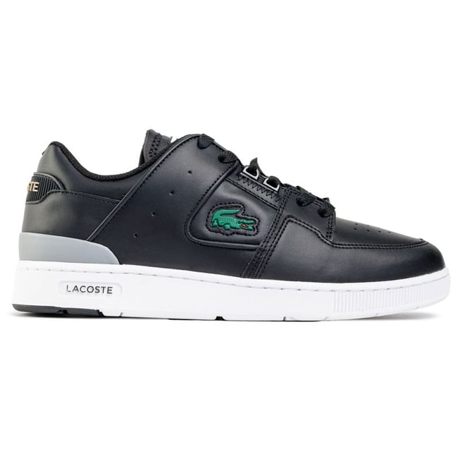 Mens black Lacoste court cage trainers, manufactured with leather and a rubber sole. Featuring: textile lining, ortholite insole, iconic croc branding and cup sole construction.