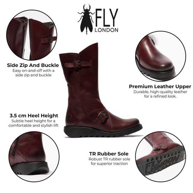 Las botas de cuero con hebilla MES 2 de Fly London para mujer de la línea Sminx son una elegante incorporación a cualquier guardarropa. Estas botas cuentan con una elegante correa lateral baja con una hebilla de marca de forma contemporánea, complementada con una segunda hebilla justo debajo de la línea superior moldeada. El logotipo característico de Fly London está grabado en el tacón alto con paneles. Fabricadas con parte superior de cuero de primera calidad, forro de microfibra y plantilla, ofrecen estilo y comodidad. La suela de goma TR duradera y el tacón de 3,5 cm garantizan la estabilidad, mientras que una cremallera lateral proporciona un fácil acceso. Parte superior: cuero, forro: microfibra, plantilla: microfibra, suela: goma TR, altura del tacón: 3,5 cm, cierre de cremallera, detalles de hebilla, logotipo grabado en el talón.