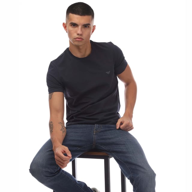 Mens Emporio Armani 2 Pack of Loungewear T-Shirts in navy green.- Crew neckline.- Short sleeves.- Branding on chest.- Straight hem.- 100% Cotton.- Ref: 11126772075836