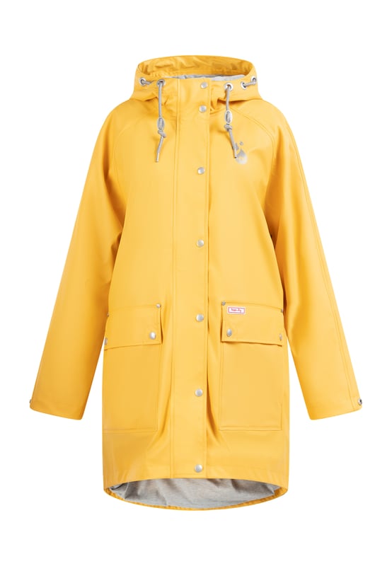 La veste de pluie de myMo est très tendance avec sa forme large de poncho. De plus, le matériau enduit est non seulement imperméable à l'eau mais aussi au vent grâce aux coutures scellées et protège ainsi parfaitement contre toutes les conditions météorologiques. La doublure intérieure est en jersey doux, ce qui rend le vêtement encore plus confortable. Une grande capuche avec des cordons de serrage et un cordon scintillant, des poignets réglables et une longueur optimale assurent également une protection durable. Des trous de circulation d'air efficaces sous les bras permettent une bonne respirabilité. Les œillets, les boutons et d'autres petits détails ont été décorés avec de beaux logos estampés très stylés.Remarque importante concernant les tailles : comme la veste a une forme oversize particulière, elle est compatible avec plusieurs tailles : taille XS/S - va jusqu'à la taille 42/44 taille M/L - va jusqu'à la taille 46/48 taille XL/XXL - va jusqu'à la taille 50/52