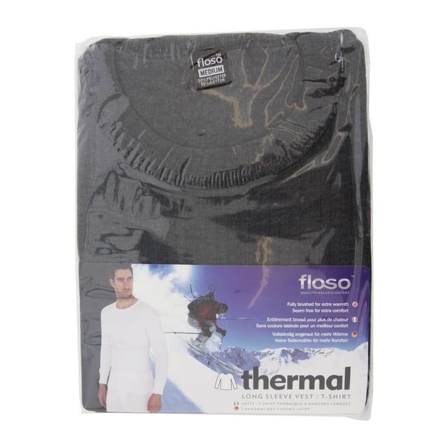 Premium range FLOSO version of this product is also available, search for FLOSO. 1 x Thermal Long Sleeve Vest. Warm but light weight thermal underwear. Good wicking rate which is the rate the material carries moisture away from the skin. Fully brushed inside and side seam free for added comfort. 50% Cotton and 50% Polyester.