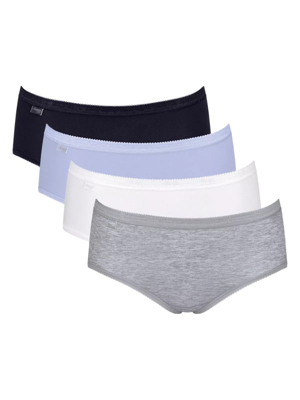 Midi Slip für Frauen im praktischen 4er Pack von der Marke Sloggi. Einfarbige Shorts mit kleiner Spitze am Bund und Beinabschluss. Hoher Tragekomfort und perfekte Passform.