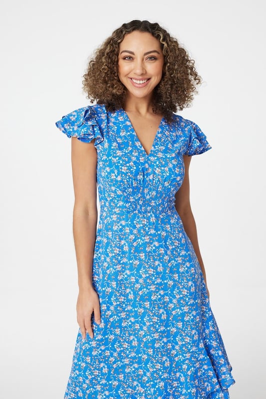 Blue floral 2025 ruffle tea dress