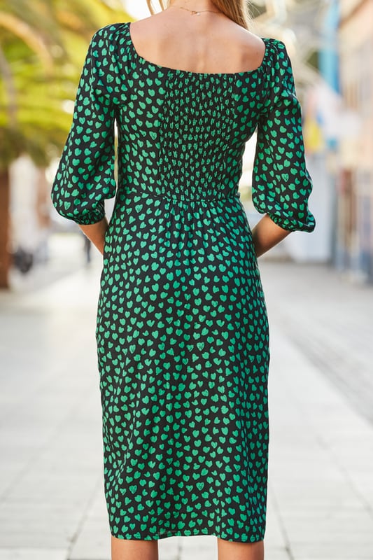 Black & Green Heart Print Sweetheart Neckline Midi Dress