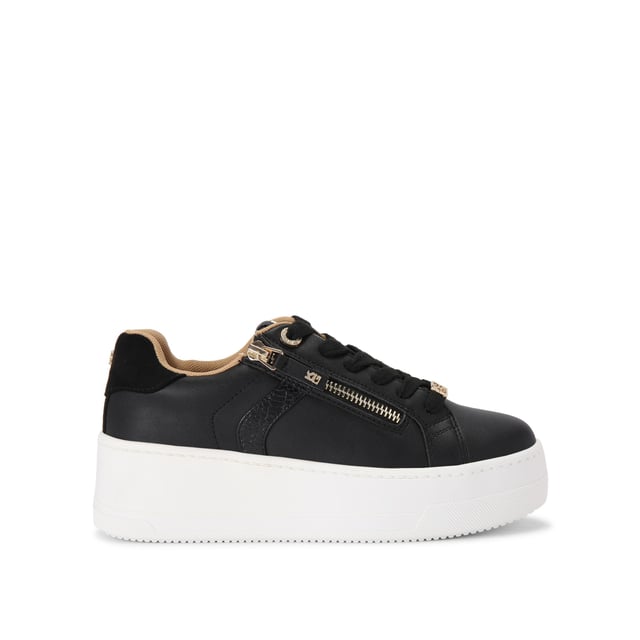 This KG Kurt Geiger Lottie Lace Up sneaker arrives in black with wide laces and a gold zipper to one side. The hardware is gold and the chunky sole is in white.