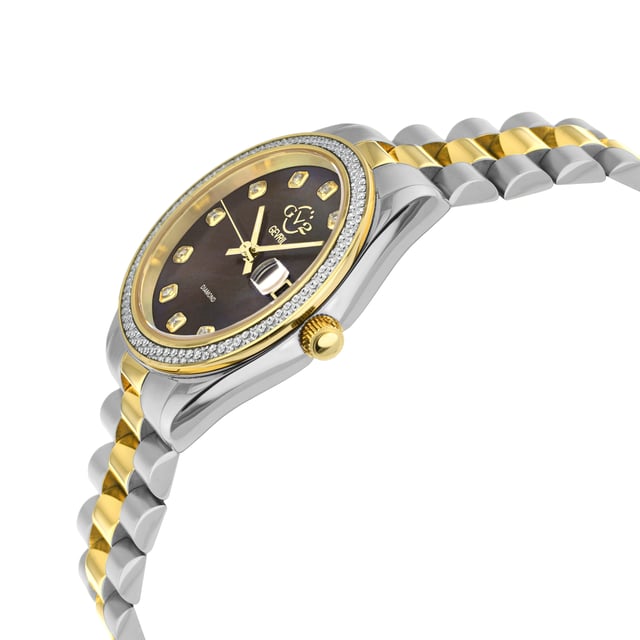 GV2 12421B Women's Turin Swiss Diamond Watch

GV2 Women's Swiss Watch from the Turin Collection
36mm Two toned Stainless Steel IPYG Diamond Cut Bezel Case
Chocolate Brown MOP Dial with 11 Diamonds
Magnified Date at 3 O'clock, Push/Pull Crown
Two-Toned SS IP Yellow Gold Bracelet with Deployment Buckle
Anti-reflective Sapphire Crystal
5 ATM (50 Meters 165 Feet)
Swiss Quartz Movement Ronda 705