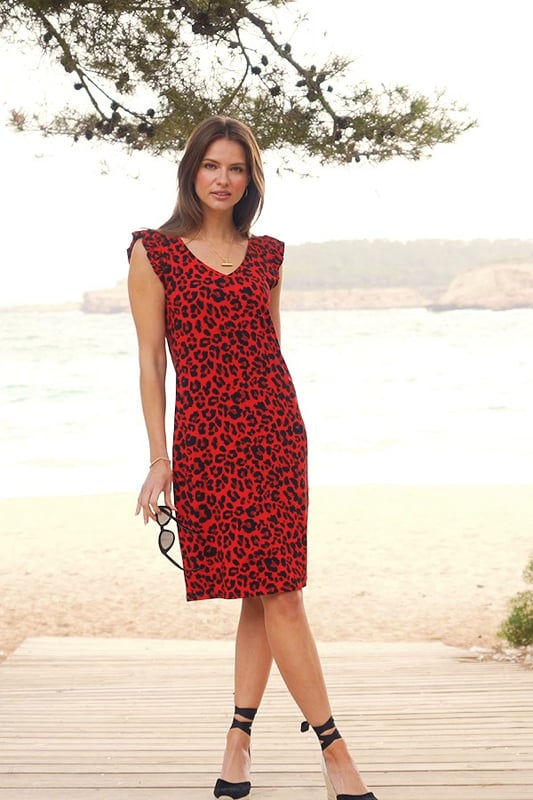 Red Black Animal Print Frill Sleeve Shift Dress
