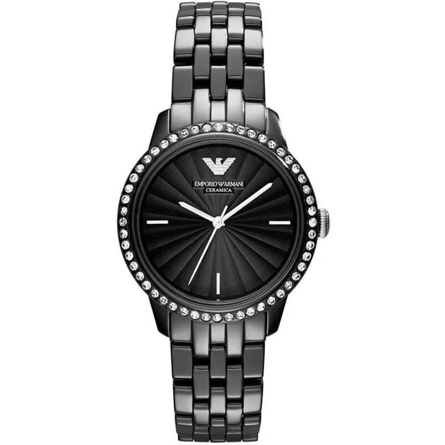 Japanese Made Quartz Automatic Movement. 36mm x 11mm Black Polished Ceramic Case. Solid Stainless Steel Caseback. Bezel Set with Gems. Push-Pull Crown. Black Sunray Dial. Polished Stainless Steel Hands and Indexes. 15mm Width Black Ceramic Bracelet with Hidden Deployment Clasp. Water Resistant to 30 Meters 3ATM. This watch is and comes with the Box and Paperwork.