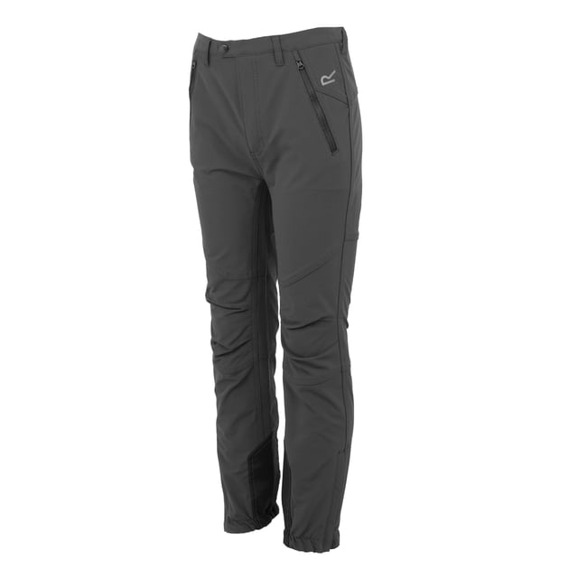 Regatta Childrens/Kids Tech Mountain Hiking Trousers (Seal Grey) 91% Polyester, 9% Elastane. Fabric: Stretch, Woven. Design: Colour Block. Fastening: Button, Zip. Fabric Technology: Isoflex. Moisture Wicking, Quick Dry, Reflective, Water Repellent. Pockets: 2 Zip Pockets. Waistline: Part Elasticated.