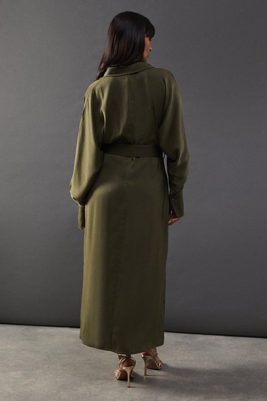 Satin Batwing Split Side Midi Shirt Dress