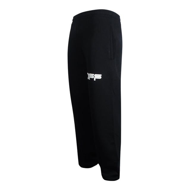Gebroken witte zwarte joggingbroek, gebroken wit merklogo op het linkerbeen, elastische taille en manchetten, kenmerkend merkontwerp, strepen van luchthaventape op de onderbenen aan de achterkant. 100% katoen, gemaakt in Portugal, zwarte joggingbroek