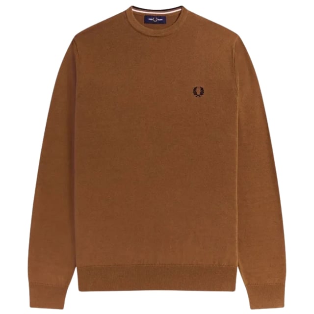 Fred Perry bruin sweatshirt, 52% wol, 48% katoen, ronde hals, logo op de borst. Elastische mouw en zoom, klassieke trui met ronde hals, bruin sweatshirt