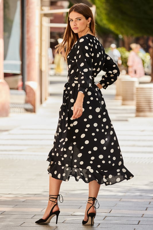 Black White Spot Print Ruffle Hem Midi Wrap Dress