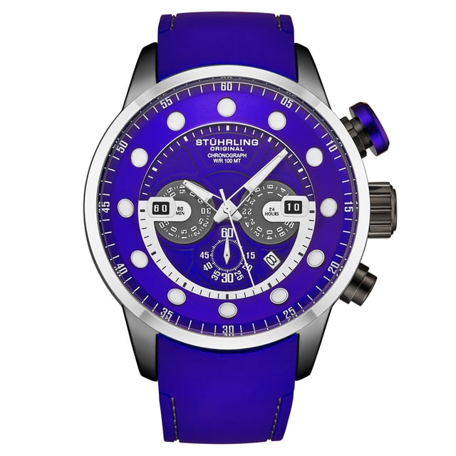Men's Chronograph Royal Blue Silicone Rubber Strap Watch, Black PVD Case on Royal Blue Silicone Strap with Gray Contrast Stitching, Blue Chronograph Dial with Silver, Gray, and White Luminous Accents