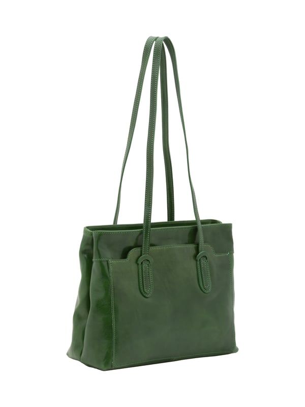 Bolso bandolera para mujer. El cierre es con cremallera. Los bolsillos internos son uno con cremallera. Los bolsillos externos son un frente abierto. Falta la correa para el hombro. El mango es de piel. Hay dos compartimentos internos. El material exterior es auténtica piel de vacuno. Internamente está forrado en algodón. Medidas: 35x26x12 cm. Hecho en Italia