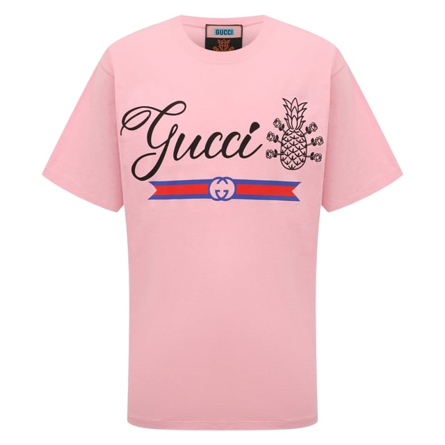 Gucci Pink Tee, 100% Cotton, Made In Italy, Pineapple Design On Front, This tee is Oversized in length, your regular fit should be perfect for this tee but be aware the length is longer than a typical tee. 