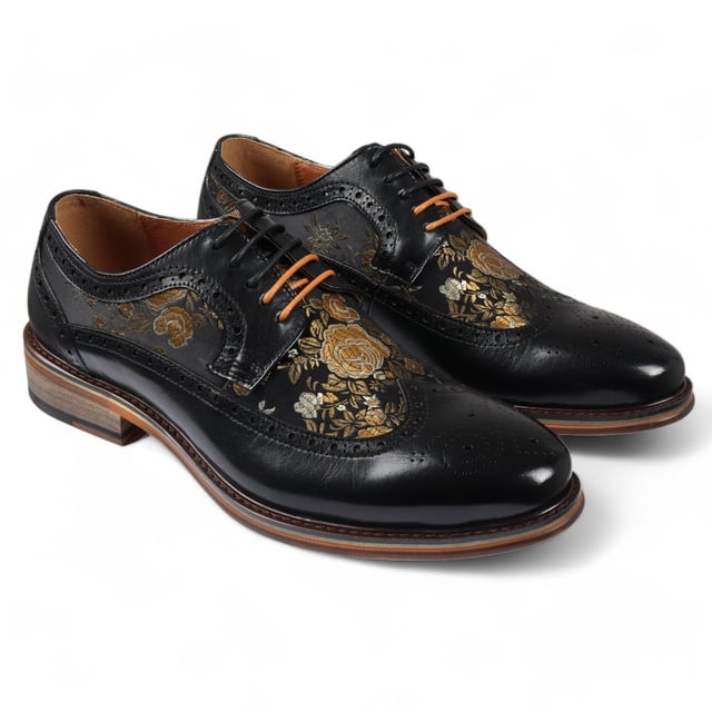 Add a unique touch to your formal wardrobe with the Ross Men's Floral Print Leather Brogue Shoes. Crafted from 100% premium leather, these brogues combine style, durability, and comfort. Featuring classic brogue detailing with decorative patterns, they bring elegance and sophistication to any look.

Unique Floral Print for a bold, stylish statement
Premium Leather for durability and luxury
Classic Brogue Detailing for timeless appeal
Lace-Up Design for an adjustable fit
