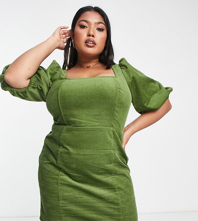 ASOS DESIGN Curve cord corset mini dress in khaki Green