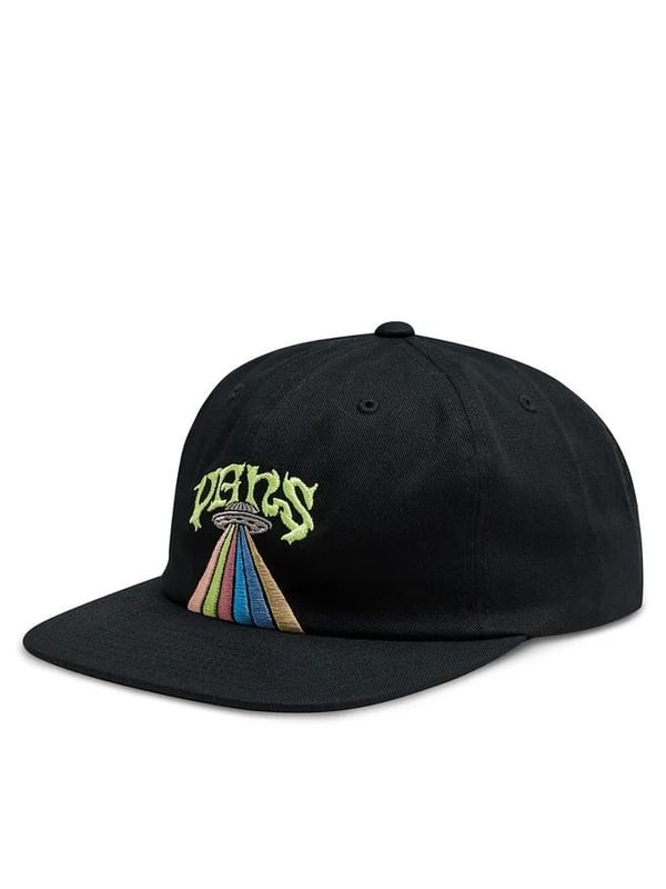 The Vans Whammy Low Unstructured Cap is a casual 5-panel hat with a relaxed, low-profile fit. Made from 100% cotton, it features an embroidered Vans logo alongside a fun UFO abduction graphic on the front. The cap comes with a curved bill for a sporty look, and an adjustable strap at the back allows for a personalized, comfortable fit. Ideal for everyday wear, this cap adds a playful twist to any outfit.