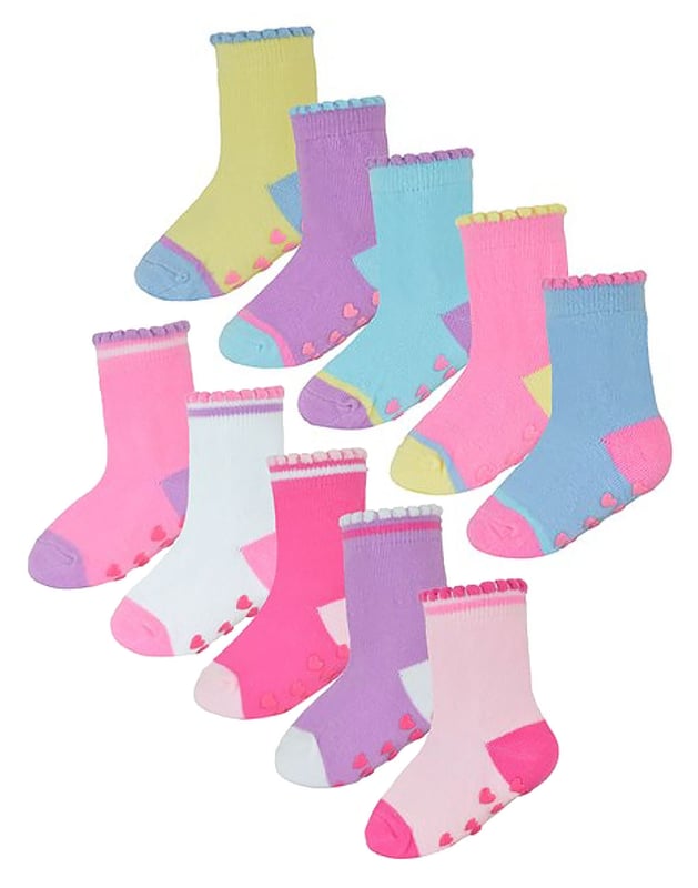 If your little ones are in need of a sock drawer top up but you need something to last them playing on hard surfaces then why not consider these great 10 Pair Value Pack Cotton Rich Socks with Grippers? Designed with you little princess in mind, these socks come with cute and colourful heel & toe patterns but with non-slip grippers on the bottom of each sock. This is to ensure that they don’t slip over on hard surfaces while playing around the house. These baby girl socks are Cotton Rich which will make sure that their feet remain super soft and comfortable throughout the day. With bright & funky colours throughout this 10 pack, there's plenty to keep them going. These socks come in 2 different styles. One pack includes: Pinks, Purple & Whites all with funky grips. The other includes: Yellow, Pink, Blue, Purple & Light Blue, all with colourful grips as well. These socks come in 10 pairs and different 2 styles. They are available in 3 sizes: 0-6 Months, 6-12 Months & 12-24 Months. They are made from 78% Cotton; 20% Polyester; 2% Elastane and are Machine Washable.