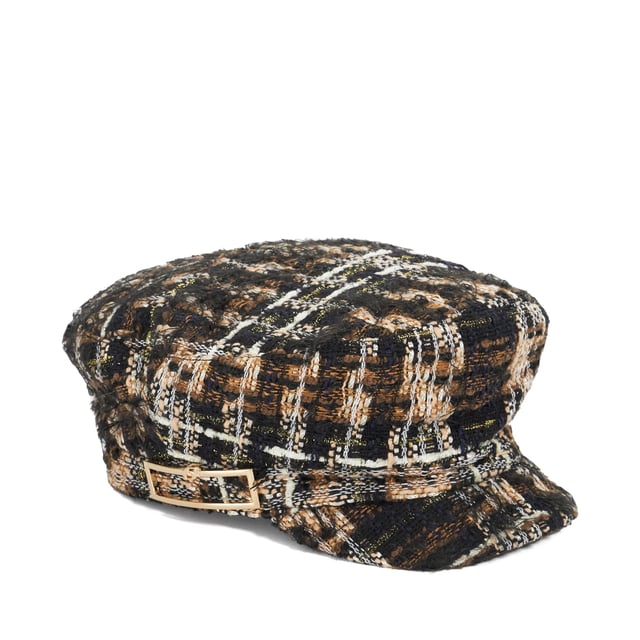 Refresh your cold-weather collection with Fabby, a textured hat that's bound to get you noticed. This hat is part of a curated collection using our chocolate boucle, complete with elegant gold thread accents Dune London metal branding, it adds a luxurious edge to your winter outfits.