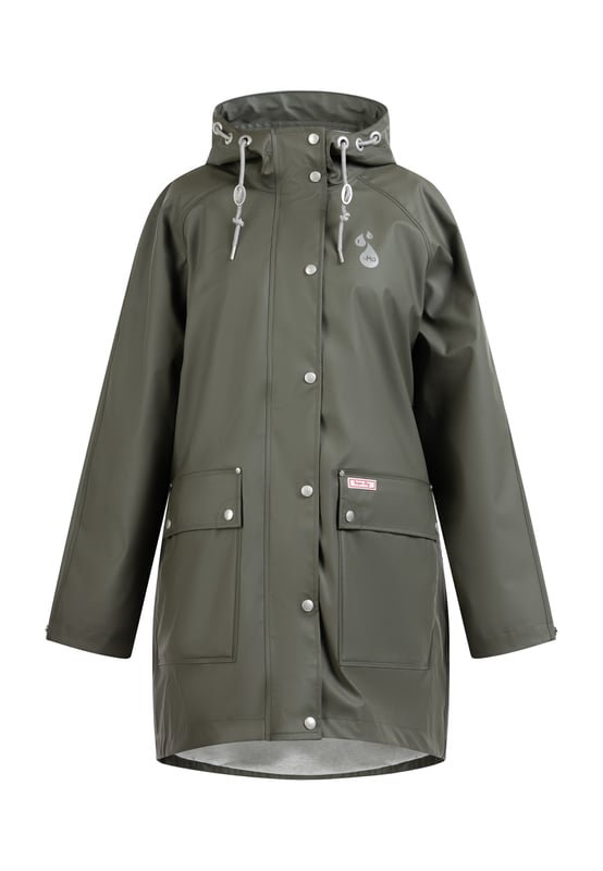 La veste de pluie de myMo est très tendance avec sa forme large de poncho. De plus, le matériau enduit est non seulement imperméable à l'eau mais aussi au vent grâce aux coutures scellées et protège ainsi parfaitement contre toutes les conditions météorologiques. La doublure intérieure est en jersey doux, ce qui rend le vêtement encore plus confortable. Une grande capuche avec des cordons de serrage et un cordon scintillant, des poignets réglables et une longueur optimale assurent également une protection durable. Des trous de circulation d'air efficaces sous les bras permettent une bonne respirabilité. Les œillets, les boutons et d'autres petits détails ont été décorés avec de beaux logos estampés très stylés.Remarque importante concernant les tailles : comme la veste a une forme oversize particulière, elle est compatible avec plusieurs tailles : taille XS/S - va jusqu'à la taille 42/44 taille M/L - va jusqu'à la taille 46/48 taille XL/XXL - va jusqu'à la taille 50/52
