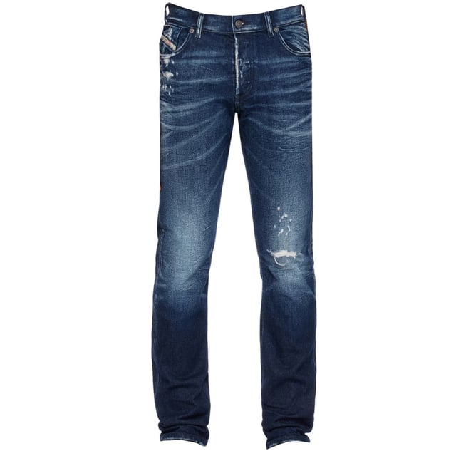 Diesel mörkblå denimbyxor , knappslå, tillverkad i Italien, 79% bomull 20% äkta hampa 1% elastan-spandex, blå denim, raka ben, dieselmärke
