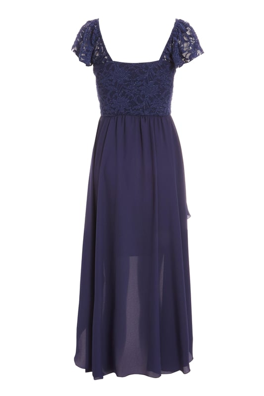 - Glitter finish  - Lace bodice  - Dip hem  - Sweetheart neckline  - Cap Sleeve  - Length: 125cm approx  - Model height: 5' 8"  - Model wears UK 8 / EUR 36 / US 4