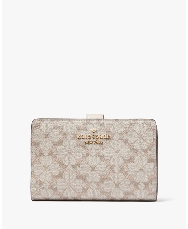 Spade Flower Spade Flower Pvc Medium Compact Bifold Wallet, Metal Pinmount With Spade Logo, 9 Credit Card Slots, Id Window, 2 Slip Pockets, 1 Bill Slot, L-Zip Coin Compartment,  Length: 13.90 Cm,  Width: 9.00 Cm,  Height: 14.00 Cm