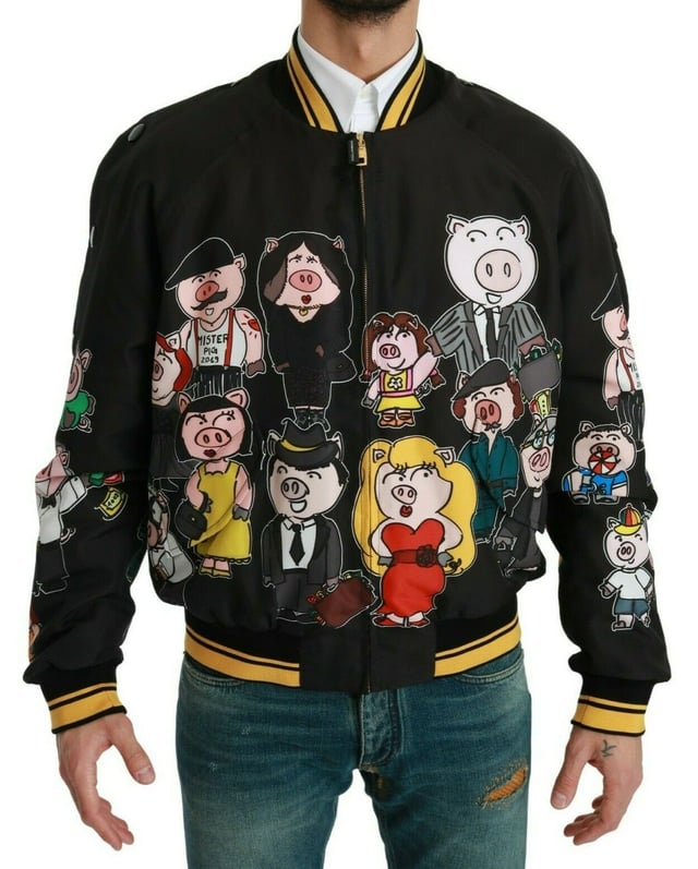 100% Authentic Dolce & Gabbana Bomber Jacket
  Black with multicolor pig motif
  2019 Year of the Pig Family inspired design
  Regular fit with zipper closure
  Two outside pockets and two inside pockets
  Dolce & Gabbana logo details
  Made in Italy with high craftsmanship
  Material: 100% Polyester Lining: 100% Polyester
Material: 100% Polyester