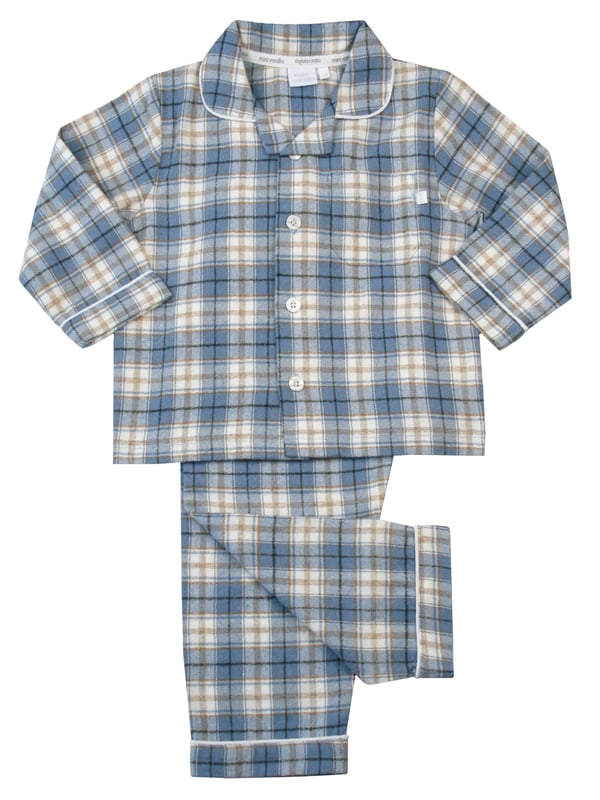 Boys blue check cotton pyjamas blending comfort and style seamlessly. These cosy pyjamas, made from soft, breathable cotton, are prefect for a restful night's sleep or casual lounging. The timeless faded denim blue with caramel and ivory check adds a touch of charm and sophistication to betimes making it a delightful experience for your young lad. Step into a world of comfort and fashion with these classic pyjamas, designed for your boy's relaxation and peaceful nights sleep!