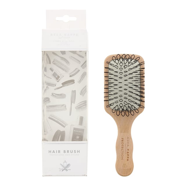 Acca Kappa Beech Wood Mini Paddle Hair Brush Features uniquely looped bristles that move easily through the hair detangling without damaging delicate and fine hair. The bristles are mounted on a natural rubber cushion that distributes pressure evenly while gently massaging the scalp.