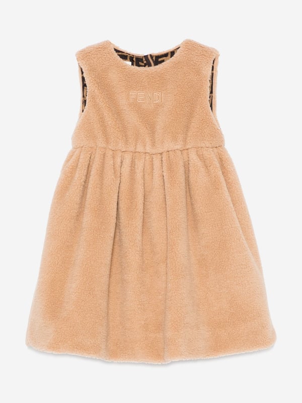 Fendi incorporate passion and energy into their meticulously crafted designs. This baby girls desert sand dress is reflective of the Italian label's high attention to detail. Engineered in a timeless faux fur design. It showcases a beautiful tone-on-tone embroidered logo on the front. The flared skirt and lined interior are depicted with all-over tobacco-coloured details for a distinctive designer finish.‚ Made in Italy‚ Concealed Zip Back Closure‚ Crew Neck‚ Long Sleeves‚ Curved Hem‚ 34% Cotton; 34% Virgin Wool; 32% Polyester